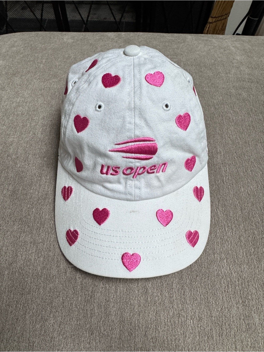 47 Kids White US Open Baseball Cap with Pink Heart Embroidery